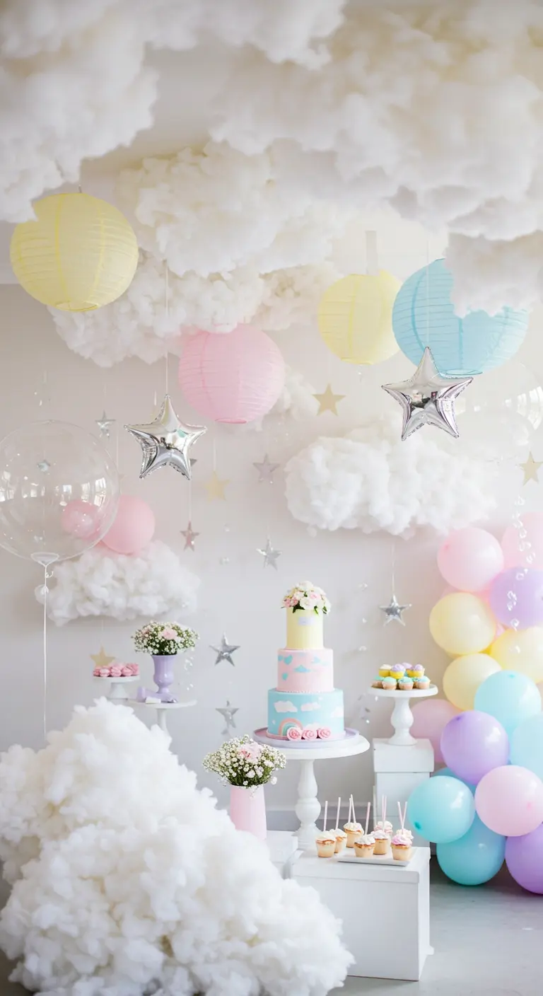 Babyshower met wolken- en sterrenthema, hangende lampionnen en pasteldecoraties.