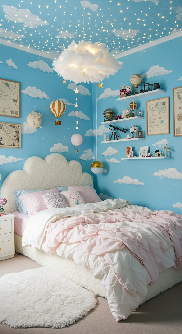 Blauwe slaapkamer met wolkenschilderingen, sterrenlampjes op het plafond en een wolkachtig bed.