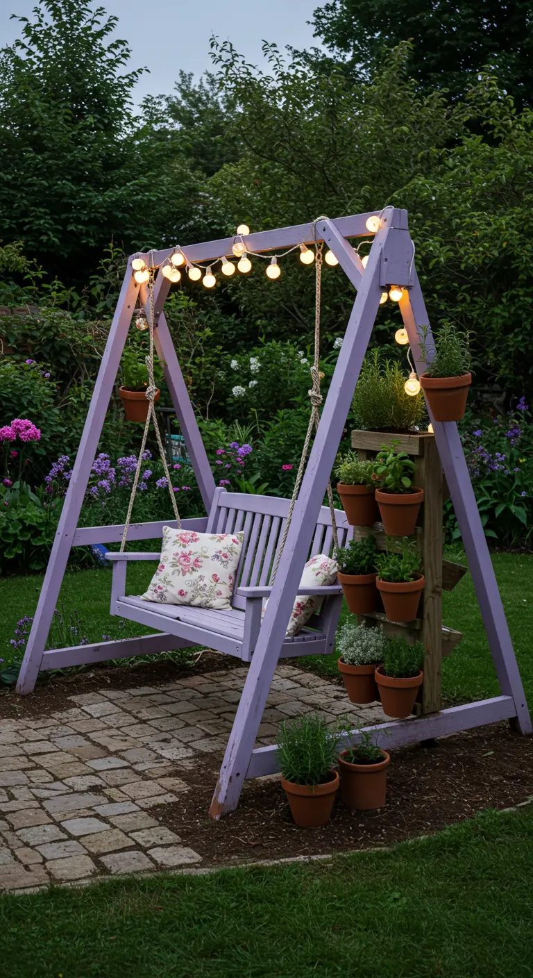 Lila houten schommelbank met kussens, plantenbakjes en lichtsnoer in tuin.