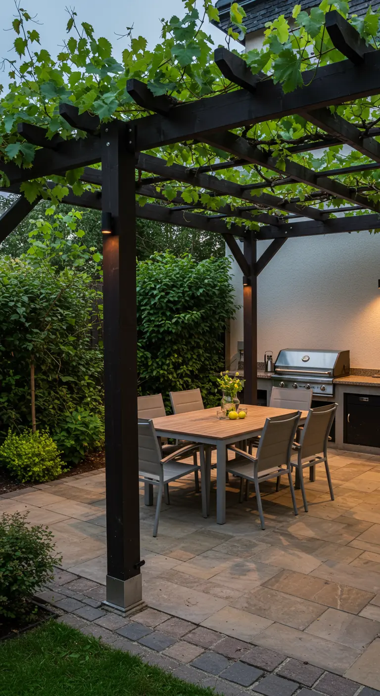 Terras met donkere houten pergola waar druivenranken overheen groeien, boven een eettafel.