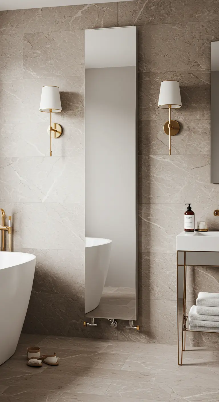 Hoge spiegelradiator in moderne badkamer met marmerlook tegels en gouden accenten.
