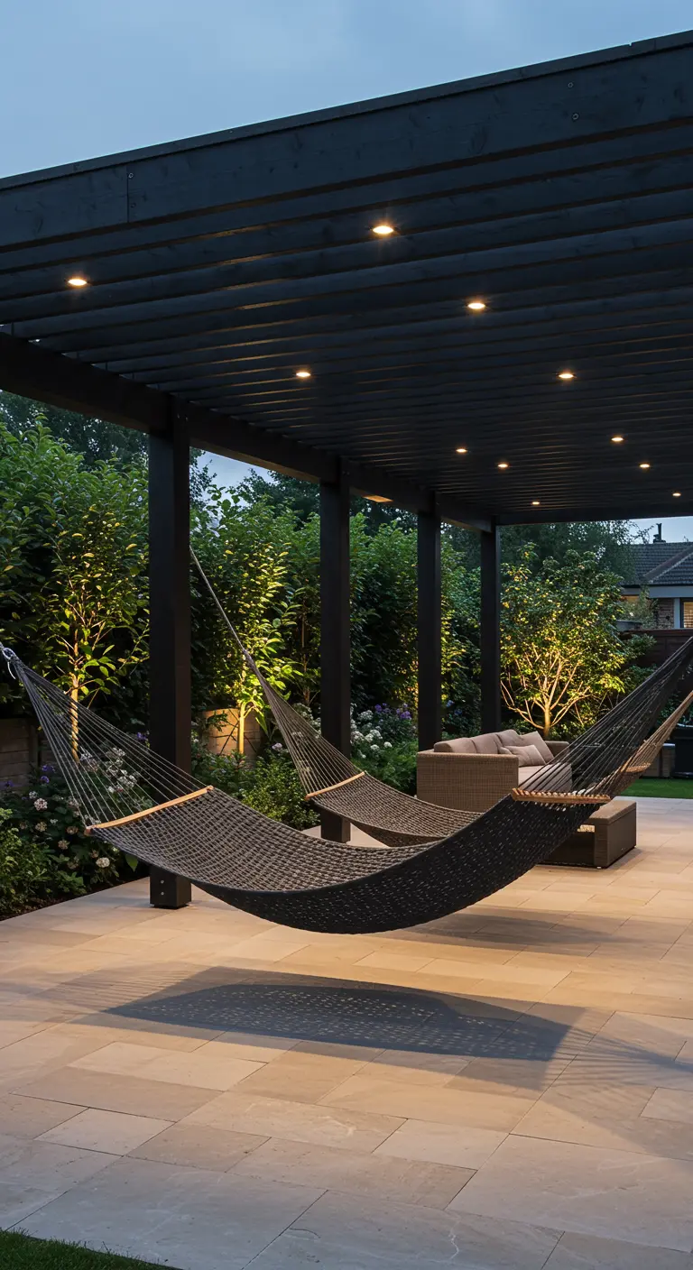 Twee donkere hangmatten onder een moderne pergola met sfeerverlichting en louncheset.