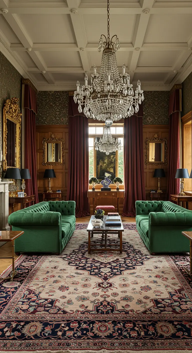 Twee groene fluwelen banken in symmetrische opstelling in een klassieke woonkamer.