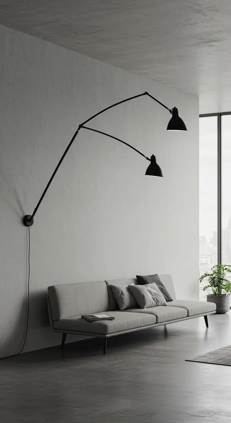 Minimalistische woonkamer met witte muur en een zwarte dubbelarmige scharnierwandlamp.