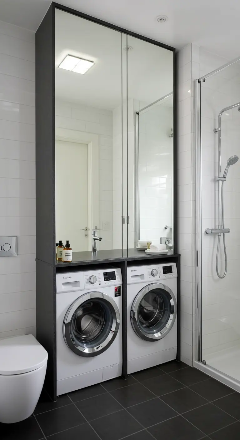 Twee wasmachines achter een hoge kast met spiegeldeuren in een moderne badkamer.