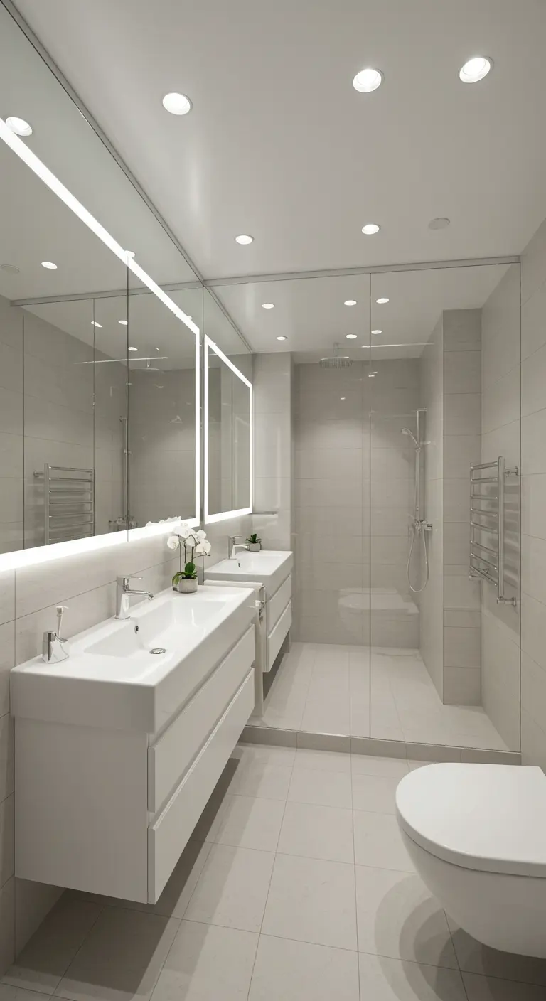 Moderne badkamer met dubbele wastafel en grote spiegel met geïntegreerde verlichting.