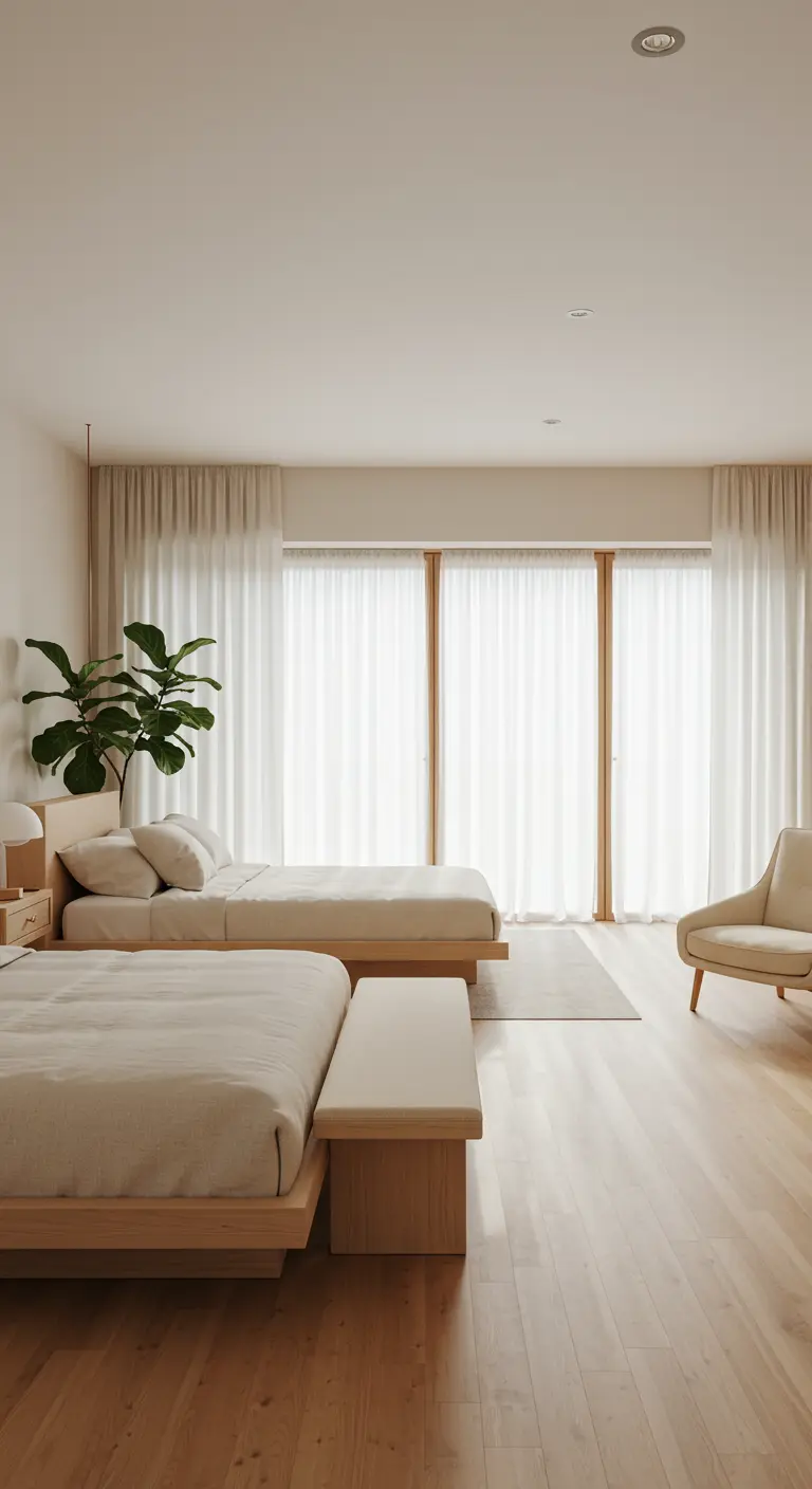 Grote Japandi slaapkamer met twee lage houten bedden, witte gordijnen en een grote plant.