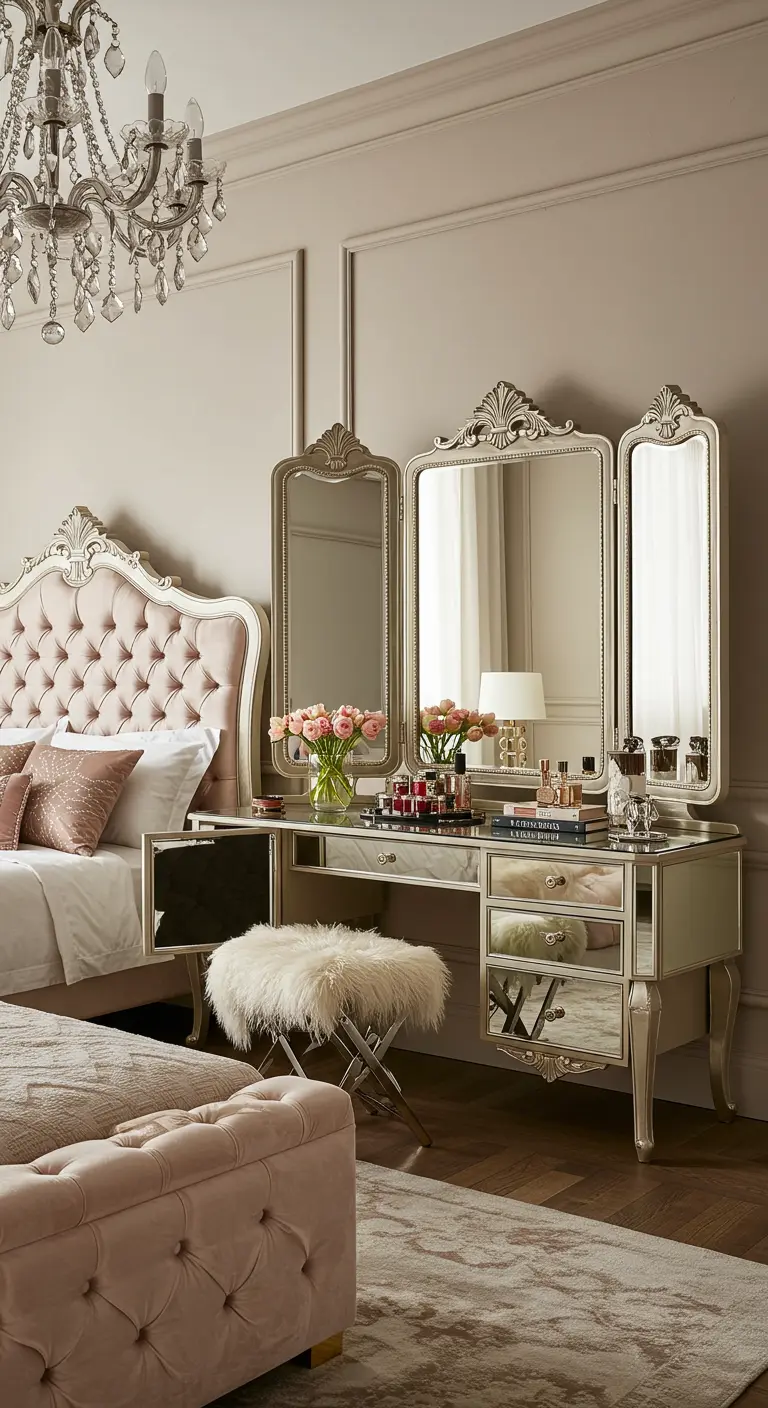 Luxe slaapkamer met klassieke kaptafel met spiegel die als werkplek kan dienen.