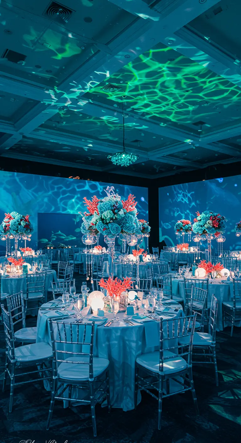 Onderwater thema bruiloft met blauwe lichtprojecties en koraal decoraties.