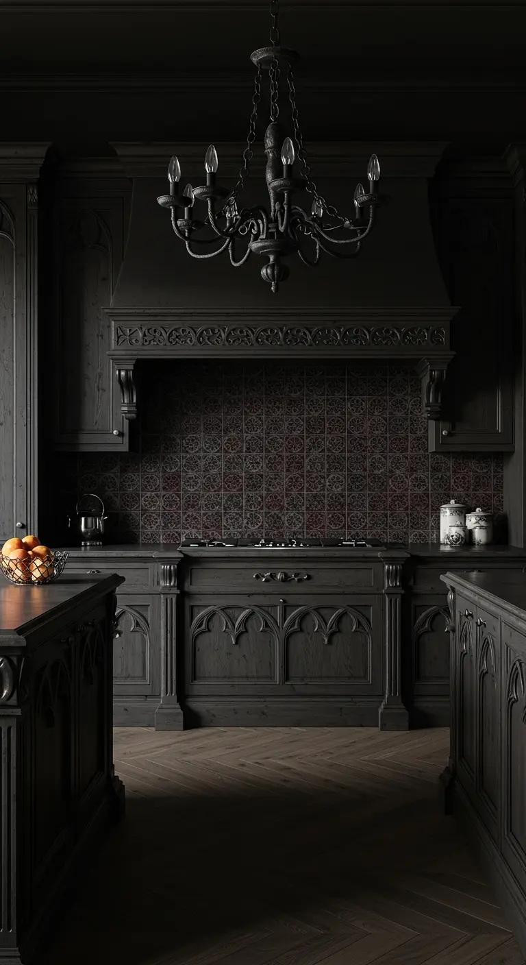 Donkere gotische keuken met zwarte kasten, donkere patroon tegels en een grote kroonluchter.