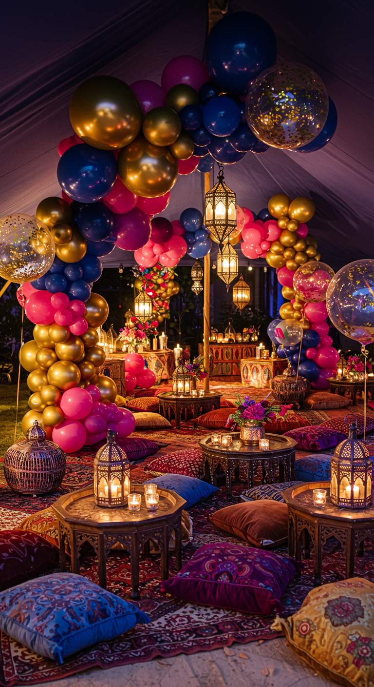 Arabische nachten thema feest met kleurrijke ballonnen, lantaarns en kussens.
