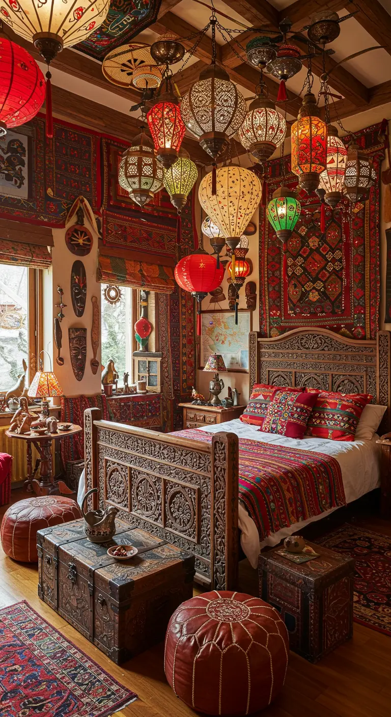 Slaapkamer in oosterse stijl met talloze hangende Marokkaanse lantaarns en kleurrijke textiel.