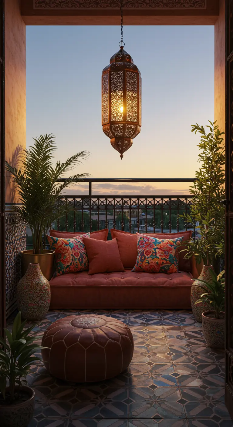 Balkon in Marokkaanse stijl met loungebank, grote lantaarn en kleurrijke tegels.