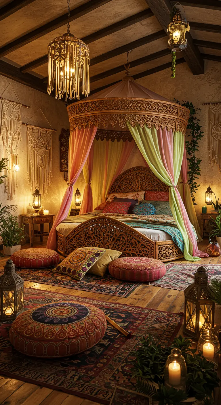 Rijk versierd houten hemelbed met kleurrijke doeken en lantaarns in boho stijl.