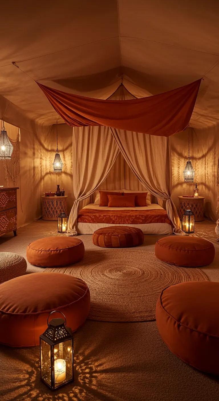 Slaapkamer ingericht als een luxe tent met gedrapeerde stoffen en vloerkussens.