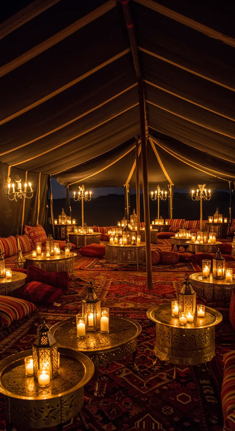 Luxe tentlounge met tapijten, kussens en Arabische lantaarns.