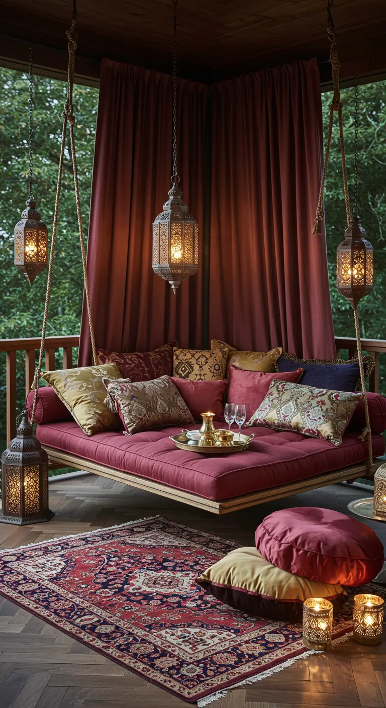 Luxe hangend loungebed met rode kussens, gordijnen en oosterse lantaarns op een veranda.