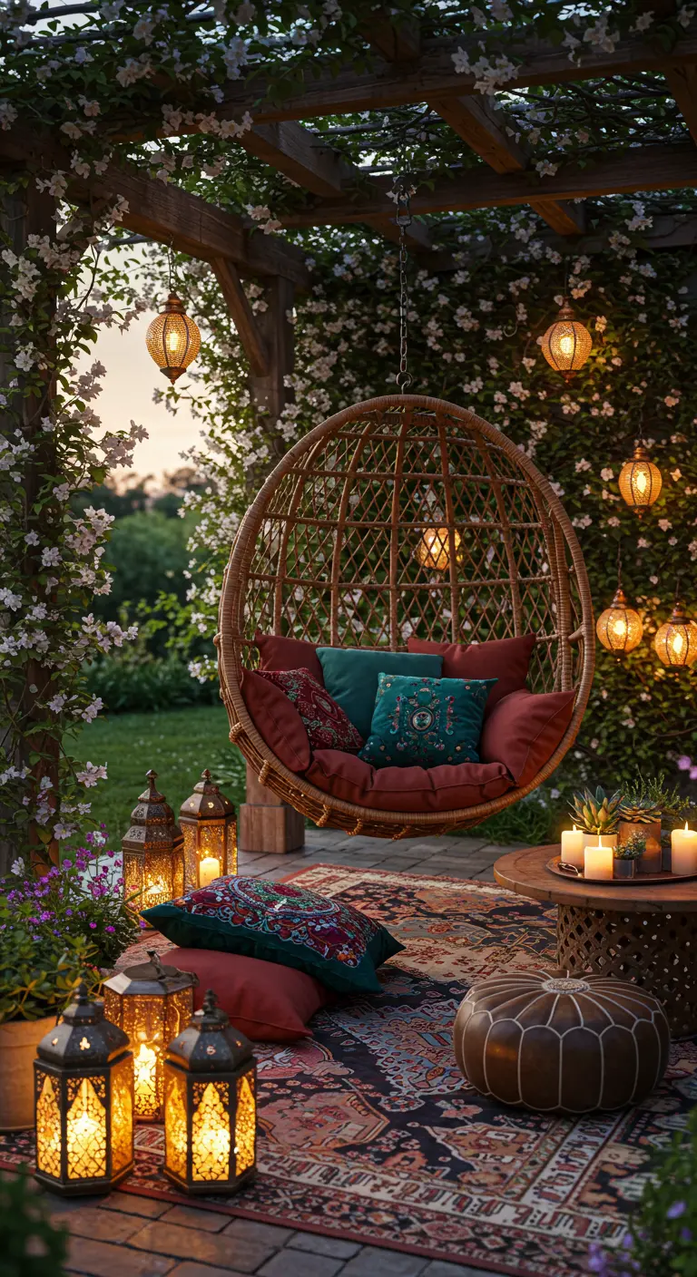 Rotan eihangstoel onder pergola met lantaarns en oosterse kleden.