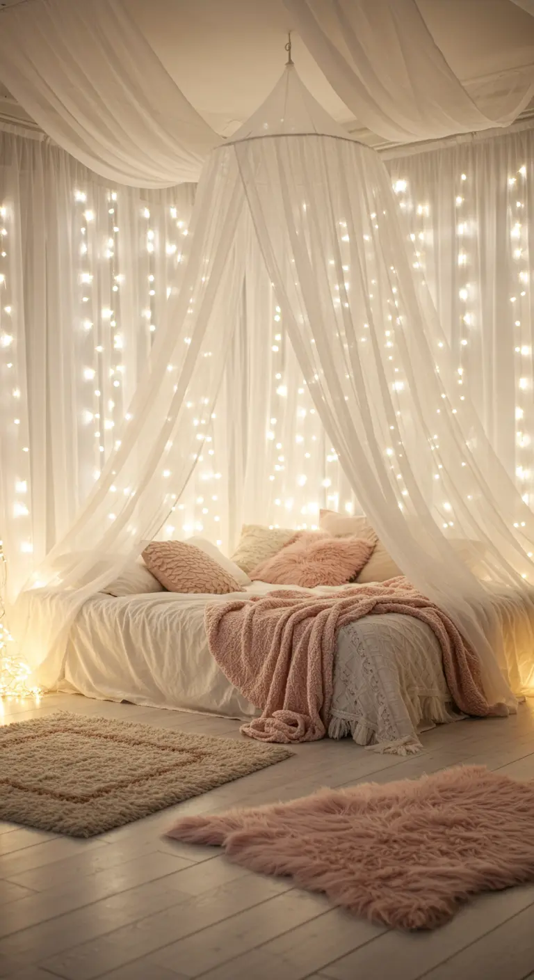 Romantisch hemelbed met doorschijnende gordijnen en veel lichtjes.