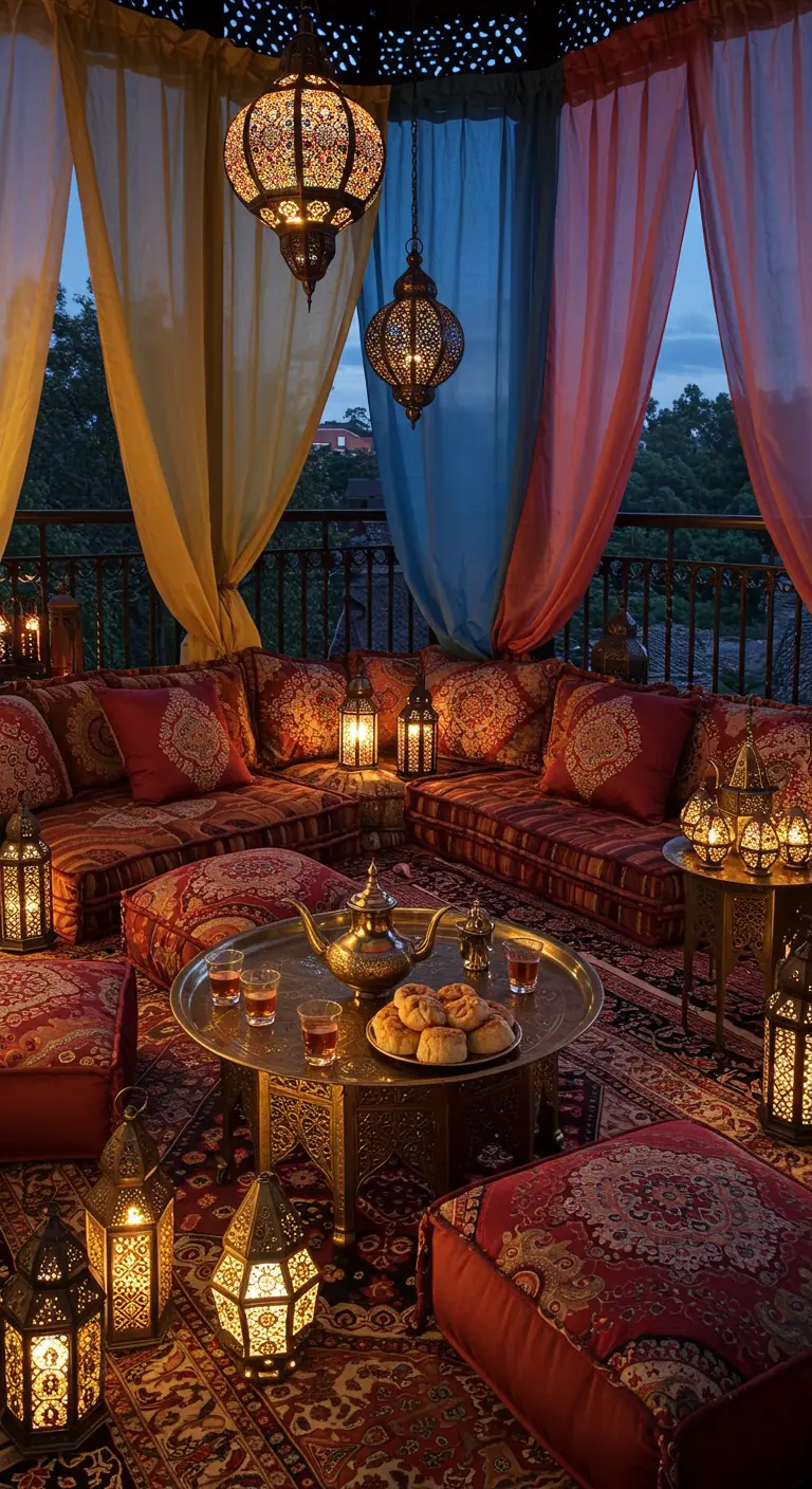 Balkon in Duizend-en-één-nacht sfeer met gekleurde doeken, oosterse lantaarns en veel kussens.