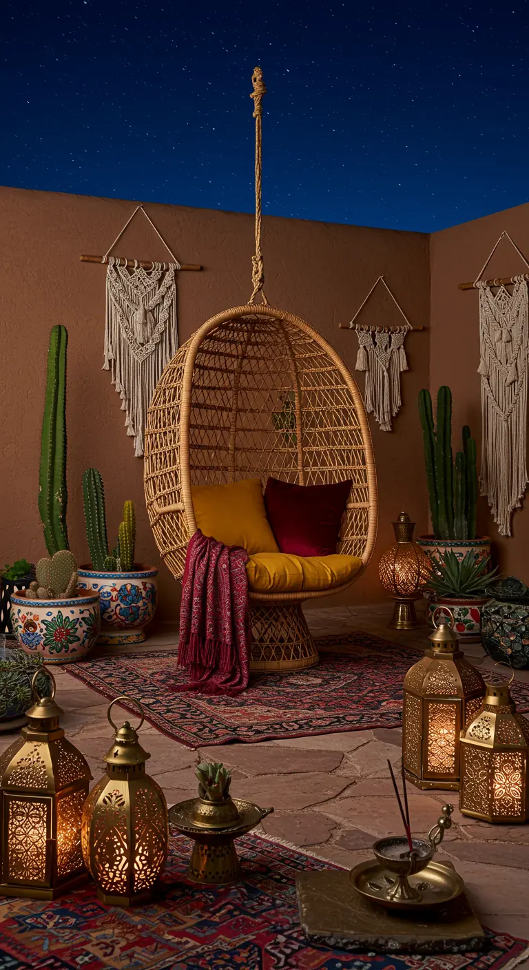 Rotan egg chair op patio 's nachts met cactussen en oosterse lantaarns.