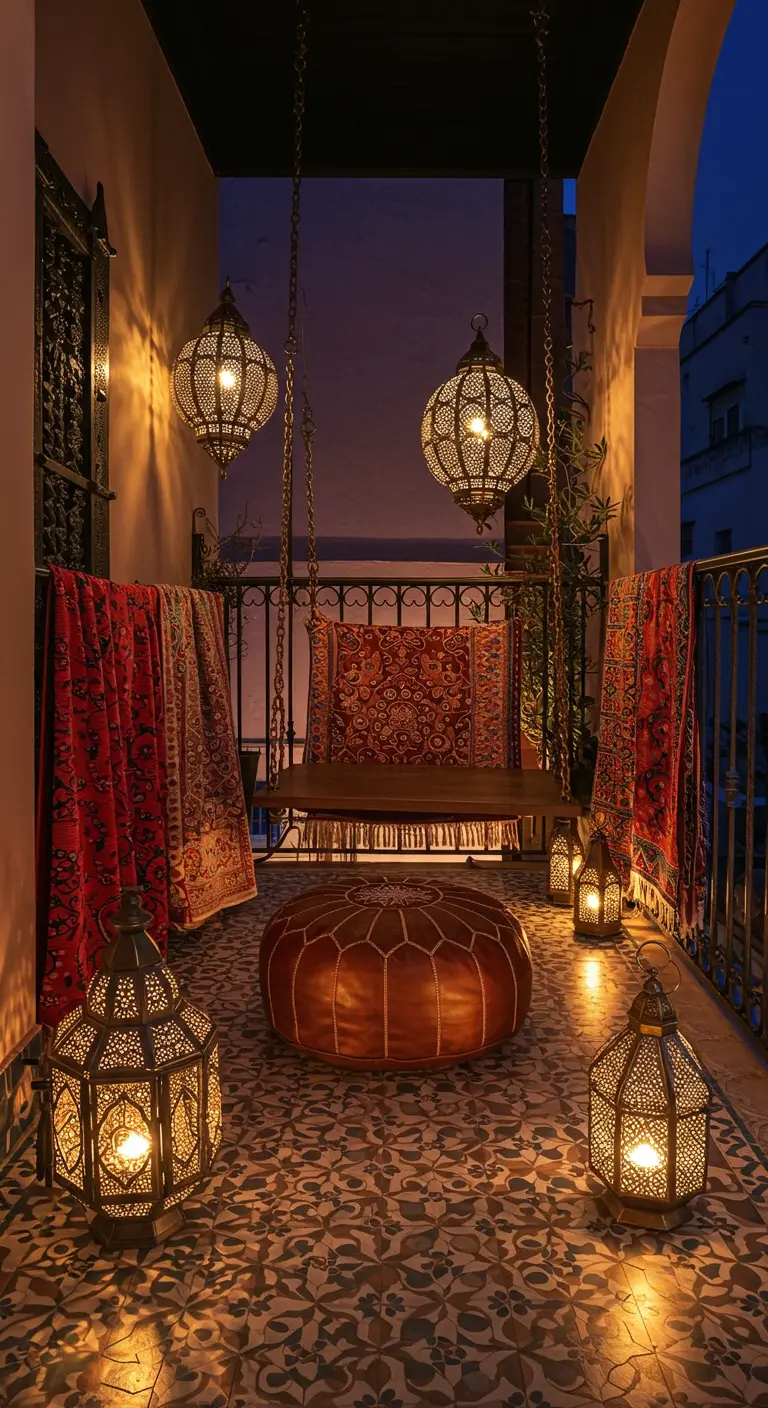 Marokkaans gestyled balkon met houten hangbank, kelims, lantaarns en mozaïekvloer.