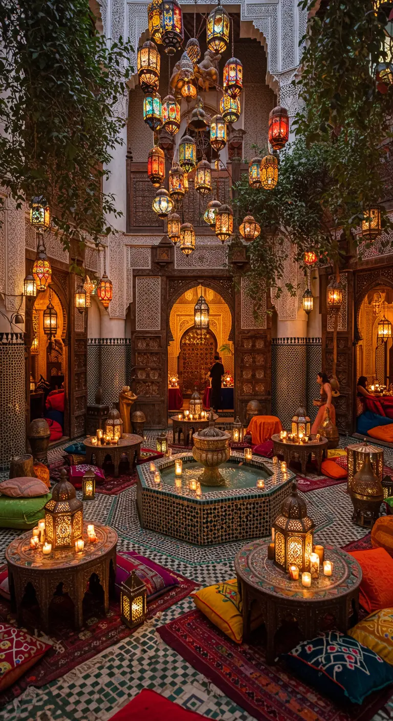 Marokkaans thema bruiloft in een riad met gekleurde lantaarns en fontein.