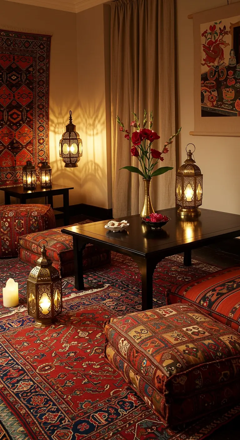 Oosters ingerichte kamer met tapijten, vloerkussens, lantaarns en lage tafel.