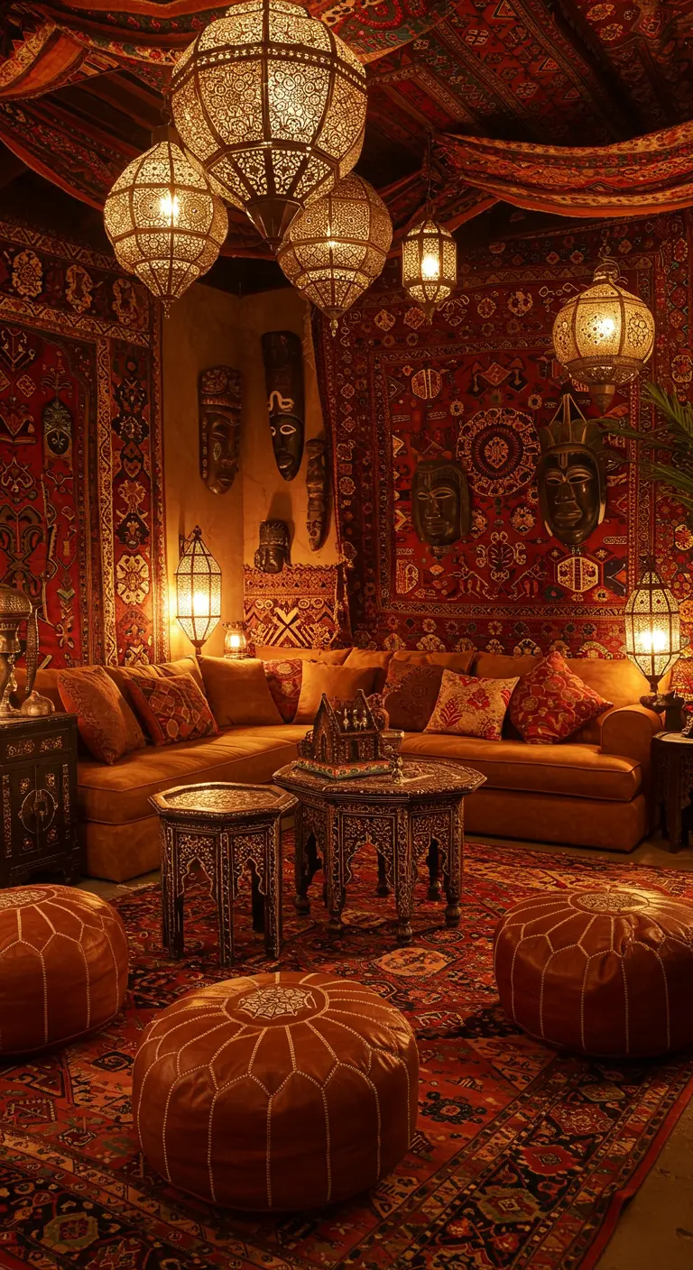 Marokkaans interieur met oranje bank, vele lantaarns en rode tapijten.