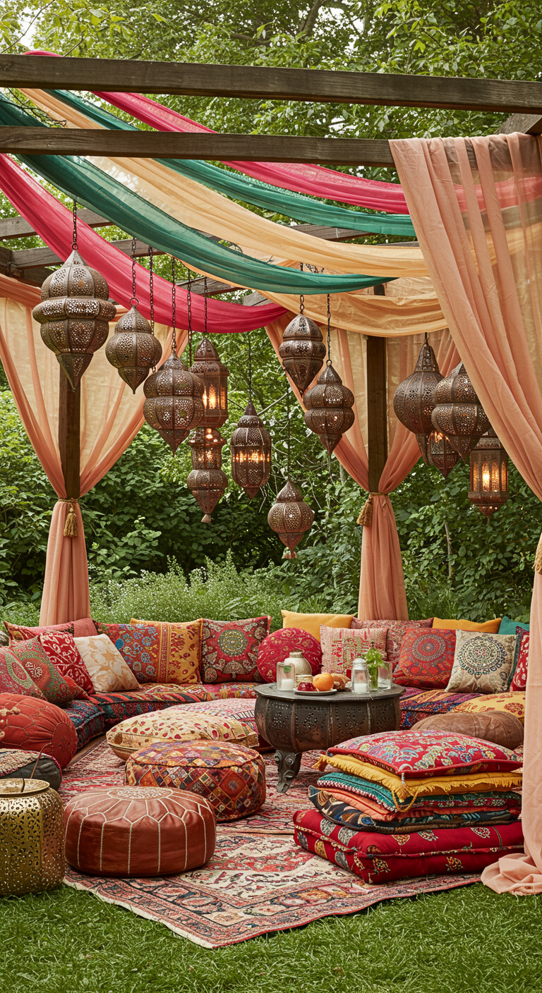 Bohemian loungehoek met gedrapeerde doeken, veel kussens en Arabische lantaarns.