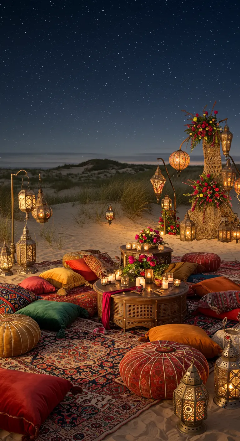 Bohemian strandpicknick met tapijten, kussens, lage tafels, bloemen en vele lantaarns onder een sterrenhemel.