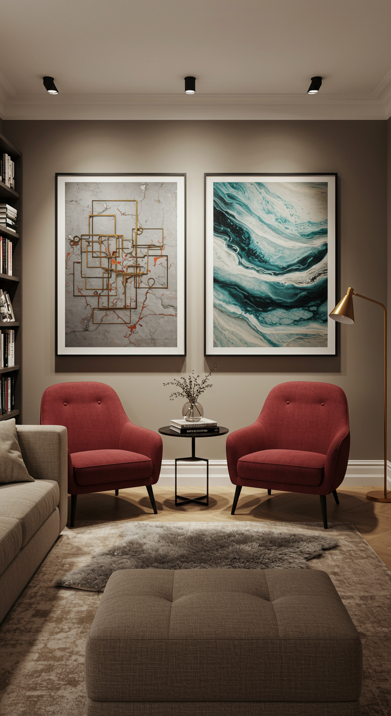 Twee grote abstracte schilderijen naast elkaar boven twee rode fauteuils in een modern interieur.