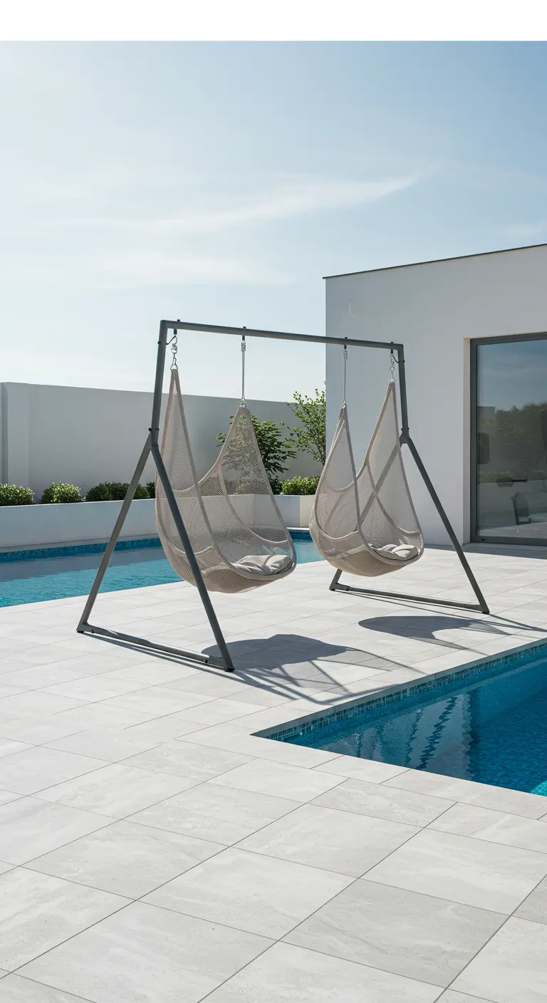Twee moderne hangstoelen aan een grijs metalen frame naast een zwembad.