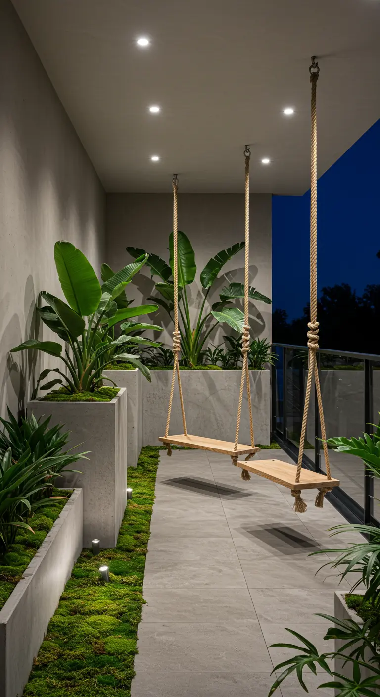 Twee houten schommels op een modern balkon met betonnen plantenbakken, mos en spotlights.