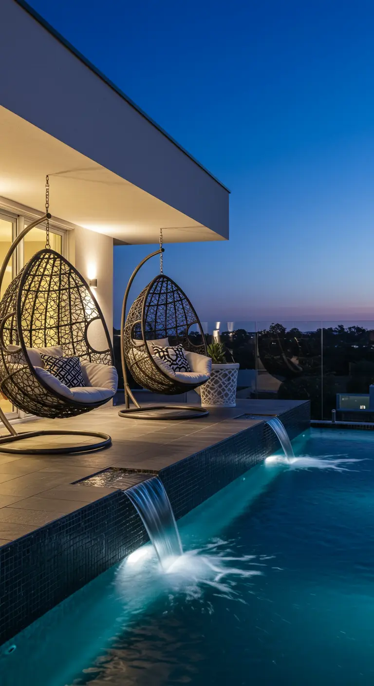 Twee donkere rotan hangstoelen op een modern terras bij een zwembad met watervalletjes en stadsverlichting.