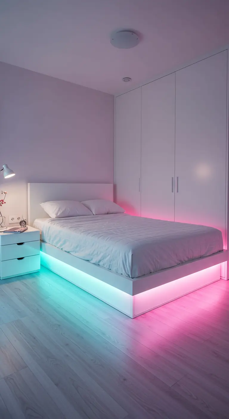 Moderne witte slaapkamer met een bed dat tweekleurige LED-verlichting (blauw en roze) eronder heeft.