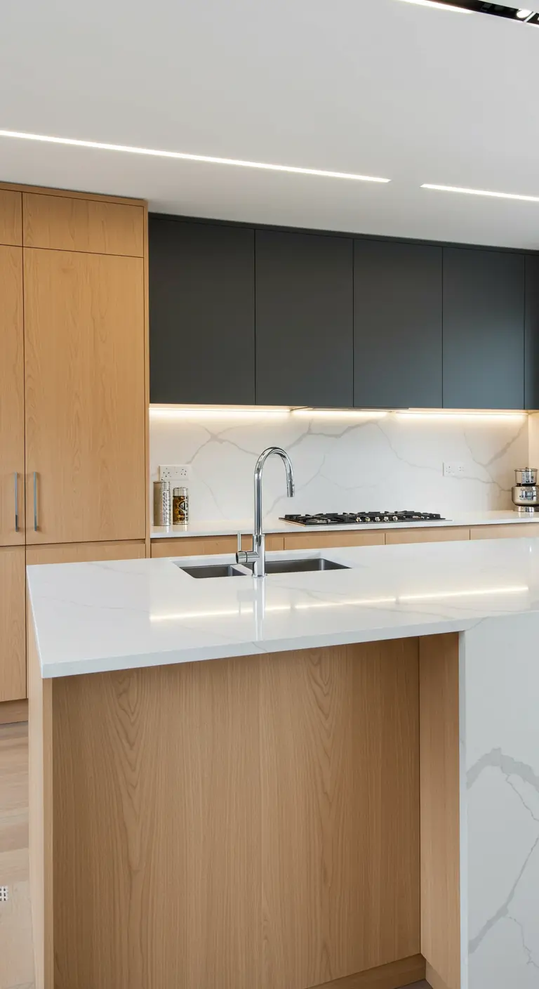 Keuken met licht houten onderkasten en donkergrijze bovenkasten, wit eiland.