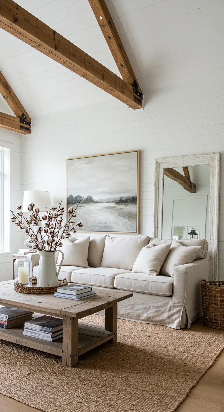 Landelijke woonkamer met een groot landschapsschilderij en een hoge spiegel tegen een witte muur.