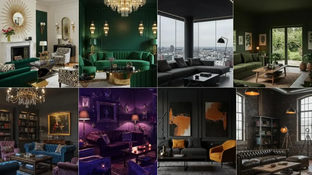 Collage van 8 donkere woonkamers met diepe kleuren, luxe meubels en flair.