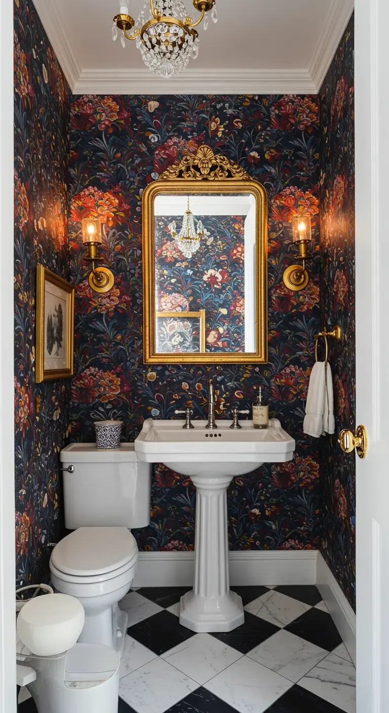 Compacte badkamer met donker bloemenbehang, gouden spiegel en klassieke wastafel.