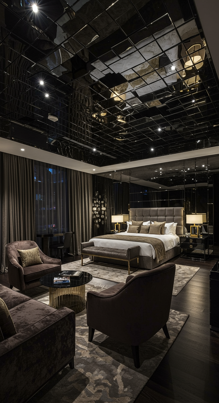 Luxe slaapkamer met een donker spiegelend tegelplafond en sfeerverlichting.