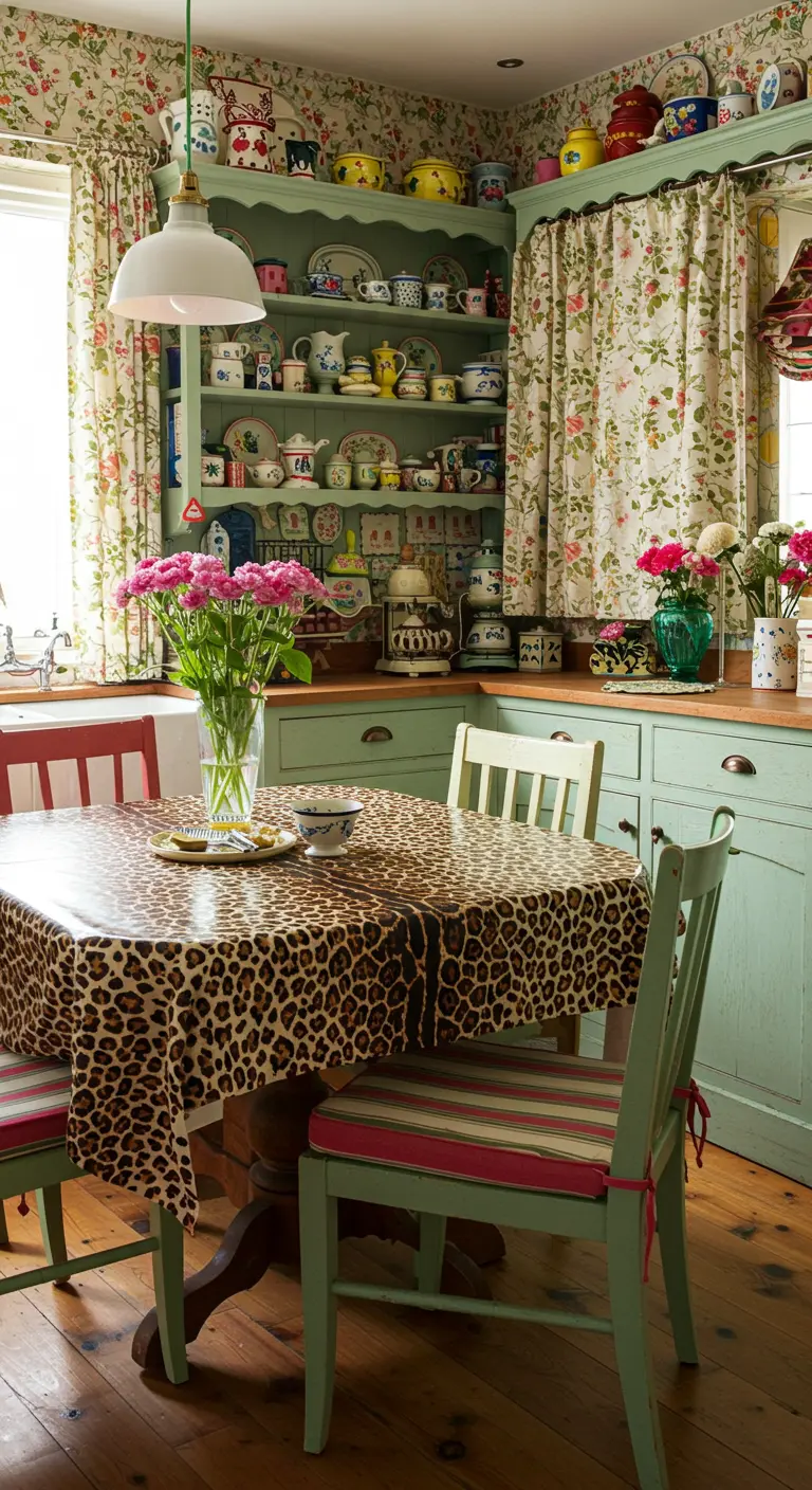 Eclectische keuken met mintgroene kasten, luipaardprint tafelzeil en bloemengordijnen.