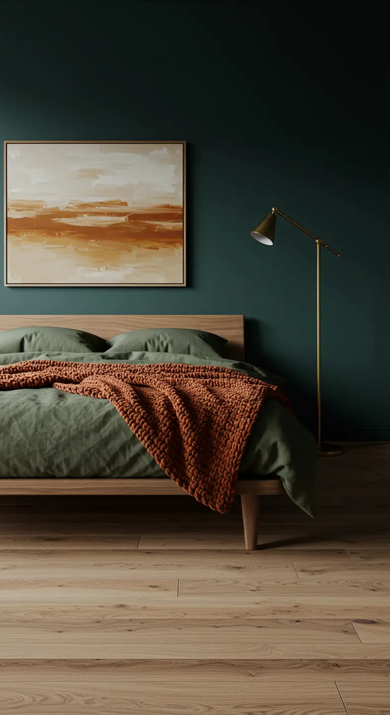 Slaapkamer met een diepgroene muur, een houten bed en een dik roestkleurig deken.