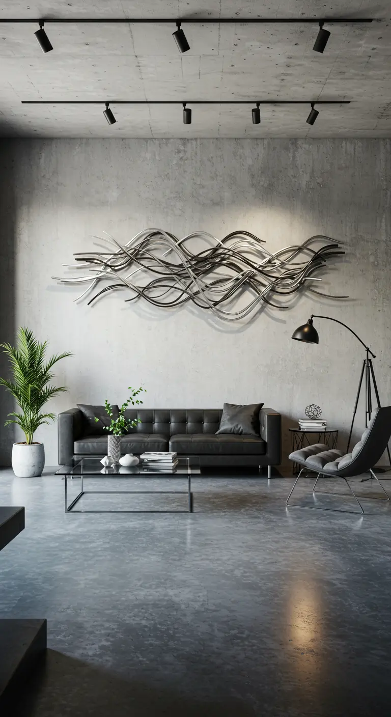 Industriële woonkamer met een groot abstract metalen wandsculptuur aan een betonnen muur.