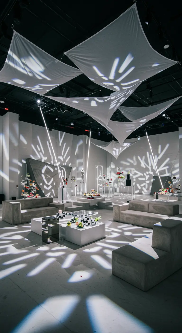 Moderne feestruimte met witte doeken en geometrische lichtprojecties.