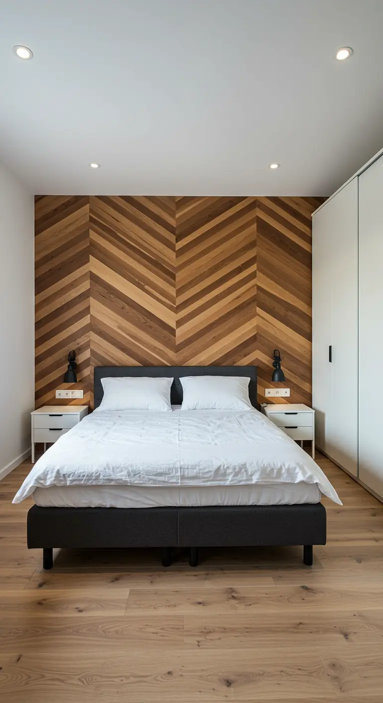 Houten lattenwand in een dynamisch visgraatpatroon met verschillende houttinten.