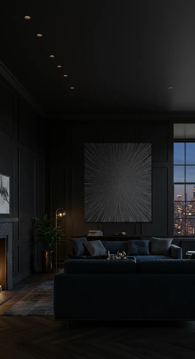 Donkere, luxe woonkamer met grote abstracte print van exploderende witte lijnen op zwart.