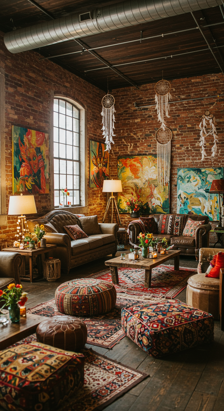 Eclectische boho woonkamer met bakstenen muur, kleurrijke kunst en dromenvangers.