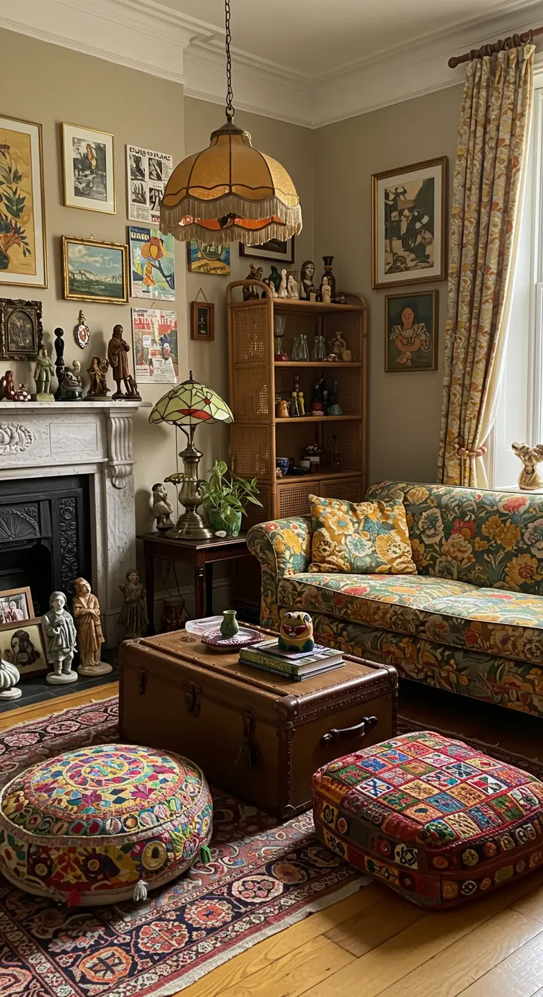 Eclectische boho woonkamer met bloemenbank, vintage decoratie en kleurrijke poefs.