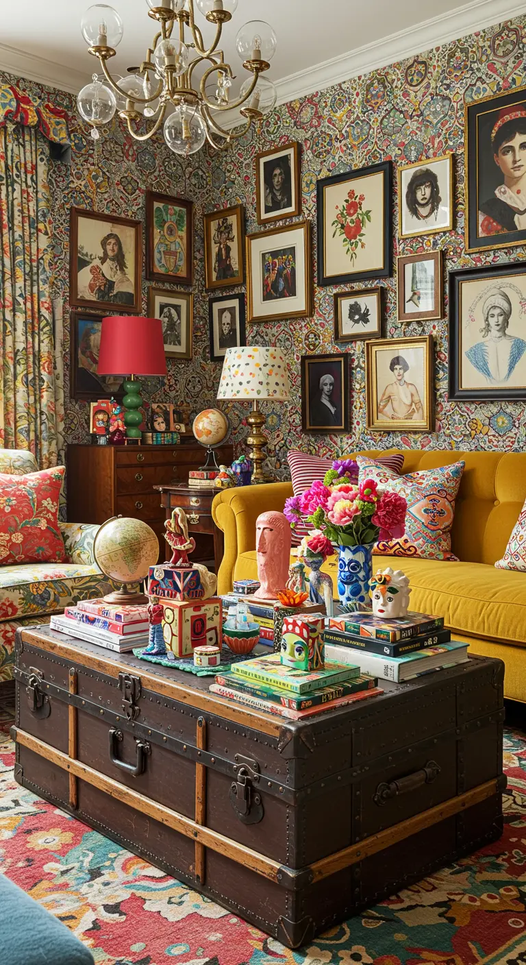 Vintage hutkoffer als salontafel, beladen met kleurrijke boeken, beeldjes en een wereldbol.